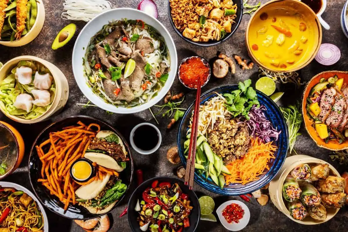 Various Asian food in bowls